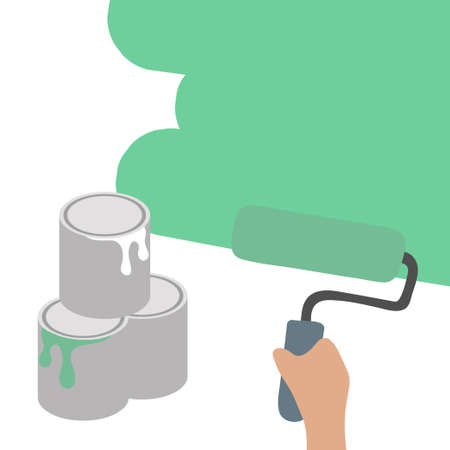 Tools for home renovation. Paint roller and cans of paint. Vector illustration Handmade tools collection.のイラスト素材