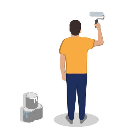The artist paints a wall. A man holds a paint roller in his hands. Vector flat style design illustration. Man works to provide construction work. Customer service. Worker in uniform.のイラスト素材