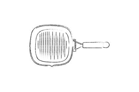 Sketch vector kitchen accessories. Isolated objects on a white background. Frying pan, grill pan. Hand-drawn stock illustration.のイラスト素材
