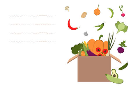 Delivery food in cardboard box from grocery store. Shipping order with products from supermarket. Vector cartoon illustration of package with fruits, vegetables, sweets and drinks. With place for text. Donation foodのイラスト素材