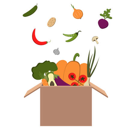 Delivery food in cardboard box from grocery store. Shipping order with products from supermarket. Vector cartoon illustration of package with fruits, vegetables, sweets and drinks. Donation foodのイラスト素材