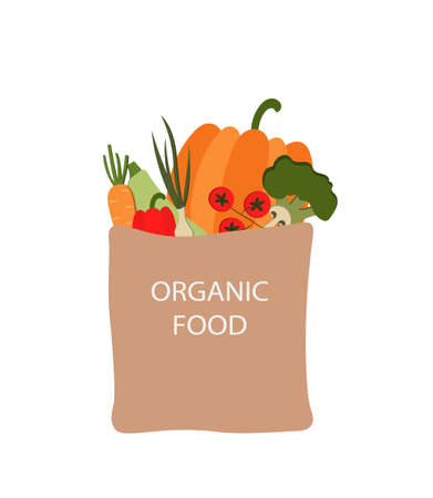 Vector paper package with ripe vegetables from the farm. Colorful vector illustration on white background. Hand-drawn. Template. Mock up.のイラスト素材