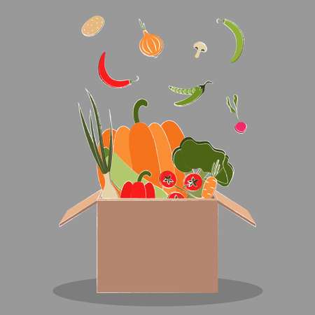 Delivery food in cardboard box from grocery store. Shipping order with products from supermarket. Vector cartoon illustration of package with vegetables. Donation foodのイラスト素材