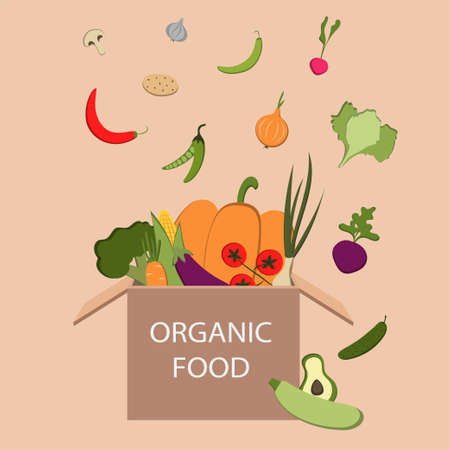 Delivery food in cardboard box from grocery store. Shipping order with products from supermarket. Vector cartoon illustration of package with vegetables. Donation foodのイラスト素材