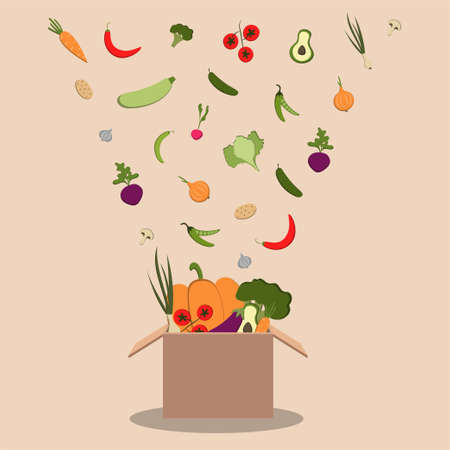 Delivery food in cardboard box from grocery store. Shipping order with products from supermarket....