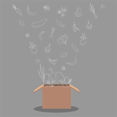 Sketch delivery food in cardboard box from grocery store. Shipping order with products from supermarket. Vector cartoon illustration of package with vegetables.のイラスト素材