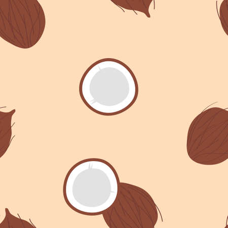 Sweet whole coconut and cut coconut tropical summer exotic fruit brown white pattern. Stock seamless vector.のイラスト素材