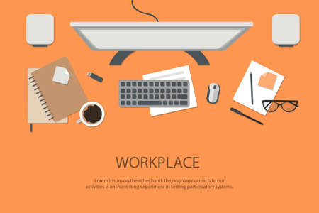 Workplace Desktop background. Top view of table, documents, notepad, books, coffee, paper. Place for text Vector Top viewのイラスト素材