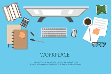 Workplace organization. Top view with blue table, flowerpot, computer, calculator, diary and coffee mug. Stock vector illustrationのイラスト素材