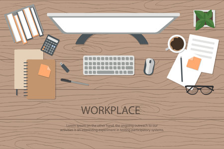 Realistic workplace organization. Top view with textured table, flowerpot, computer, calculator, diary and coffee mug. Stock vector illustrationのイラスト素材