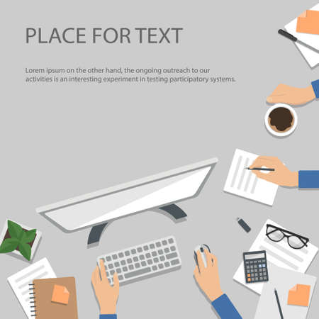 Workplace Desktop background. Top view of table, documents, notepad, books, coffee, paper. Place for text Vector Top viewのイラスト素材