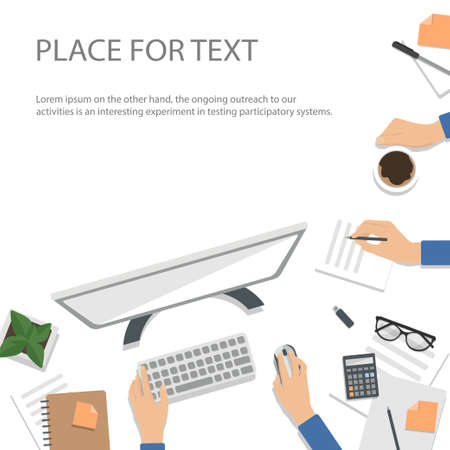 Workplace Desktop background. Top view of table, documents, notepad, books, coffee, paper. Place for text Vector Top viewのイラスト素材
