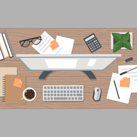 Realistic workplace organization. Top view with textured table, flowerpot, computer, calculator, diary and coffee mug. Stock vector illustrationのイラスト素材