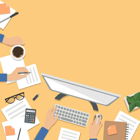 Freelancer's desktop, top view. The concept of working at home. Computer Desk with everything you need to work. Stock vector illustrationのイラスト素材