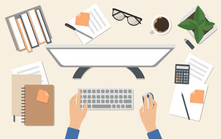Freelancer's desktop, top view. The concept of working at home. Computer Desk with everything you need to work. Stock vector illustrationのイラスト素材