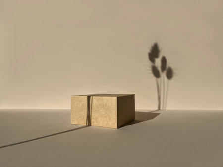 Minimal scene with wooden podium and shadow of grass.の写真素材