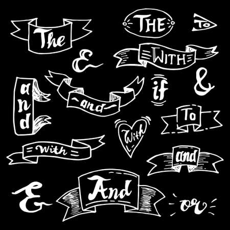 Doodle Handwritten catchwords and ampersands vector set. Modern handwritten calligraphy and lettering. isolated on black backgroundのイラスト素材