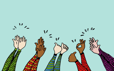 hand drawn of hands clapping ovation. applause, thumbs up gesture on doodle style , vector...