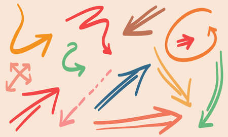 Various Doodle Arrows colorful with direction pointers Shapes and Objects. hand drawn vector illustrationのイラスト素材