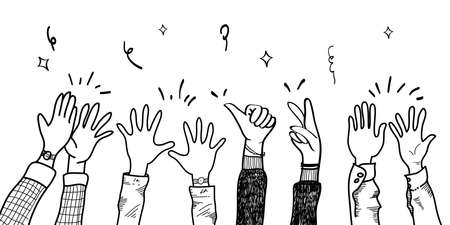 hand drawn of hands up, clapping ovation. applause, thumbs up gesture on doodle style , vector illustrationのイラスト素材