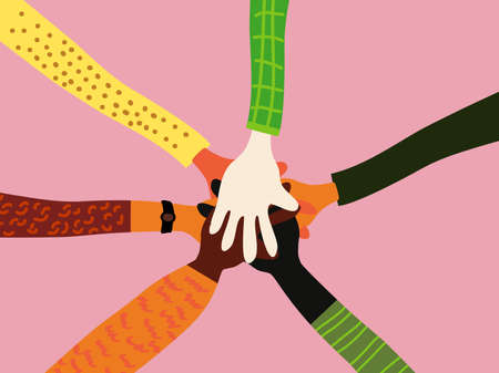 Holding hands circle. Hands of diverse group of people putting together. Concept design of cooperation, teamwork. doodle cartoon vector illustrationのイラスト素材