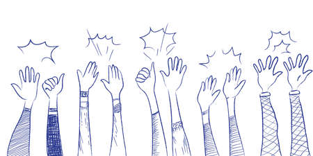 hand drawn of hands up, clapping ovation. applause, thumbs up gesture on doodle comic style , vector illustrationのイラスト素材