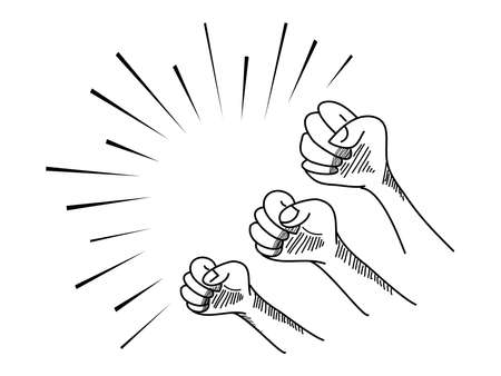hand drawn of doodle hands up. fist hand, protest symbol, power sign. isolated on white background. vector illustrationのイラスト素材