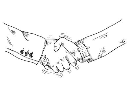 Hand drawn sketch illustration of a handshake. Shaking hands business on comic style. isolated on white background. doodle vector illustrationのイラスト素材