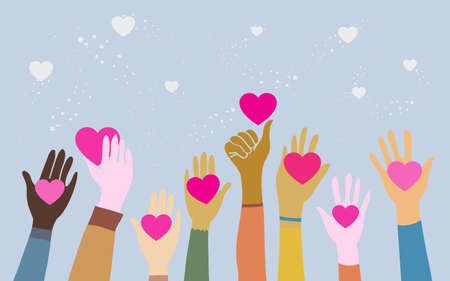 doodle hands up. Hands holding a heart symbol. Concept of charity and donation. Give and share your love to people. vector illustrationのイラスト素材