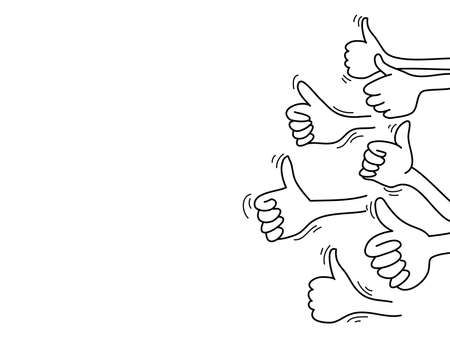 doodle hands up set. thumbs up hand drawn. isolated on white background. vector illustrationのイラスト素材