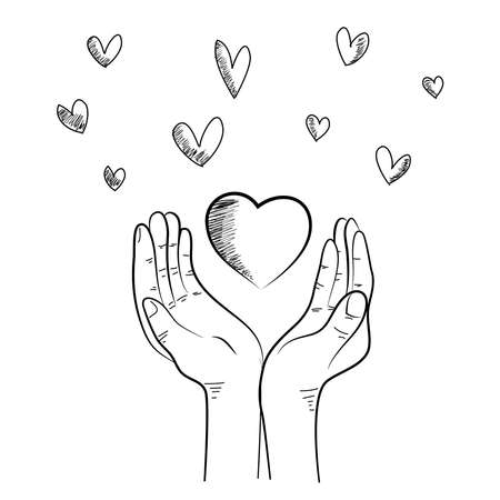 hand drawn of hands up. Concept of charity and donation. Give and share your love to people. hands gesture on doodle style.  vector illustrationのイラスト素材