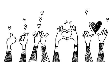 doodle hands up,Hands clapping with love. applause gestures. congratulation business. vector illustrationのイラスト素材