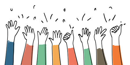 hand drawn of hands up, clapping ovation. applause, thumbs up gesture on doodle comic style, vector illustration for children themeのイラスト素材