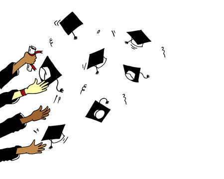 doodle Graduation ceremony concept. hands throwing graduation caps in the air, Hands clapping. applause gestures. vector illustrationのイラスト素材
