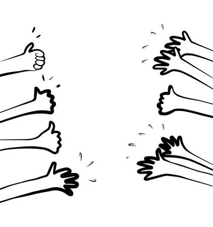 doodle hands up set. thumbs up hand drawn. isolated on white background. vector illustrationのイラスト素材