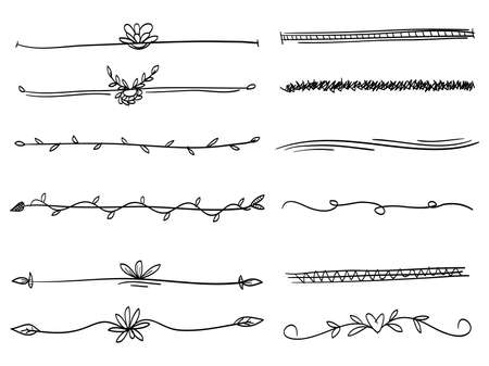 Hand Drawn Text Dividers, Doodle, Decorative Page Ornaments, Borders, Lines and laurels set design elements, isolated on white backgroundのイラスト素材