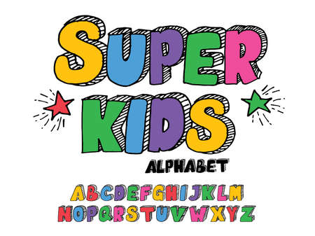 Hand-drawn 3D font. uppercase letters with colors. alphabet for children's themesのイラスト素材