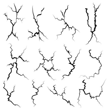 hand drawn cracked glass, wall, ground. lightning storm effect. doodle break set. vector illustrationのイラスト素材