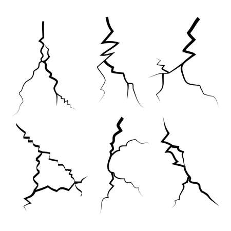 hand drawn cracked glass, wall, ground. lightning storm effect. doodle break set. vector illustrationのイラスト素材