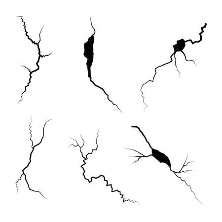hand drawn cracked glass, wall, ground. lightning storm effect. doodle break set. vector illustrationのイラスト素材