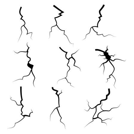 hand drawn cracked glass, wall, ground. lightning storm effect. doodle break set. vector illustrationのイラスト素材