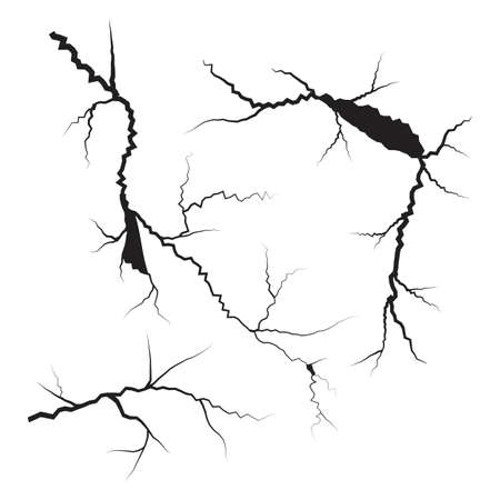 hand drawn cracked glass, wall, ground. lightning storm effect. doodle break set. vector illustrationのイラスト素材