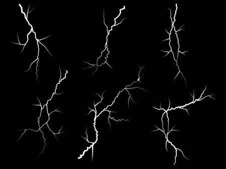hand drawn lightning storm effect, cracked ground. doodle break set. isolated on black background. vector illustrationのイラスト素材
