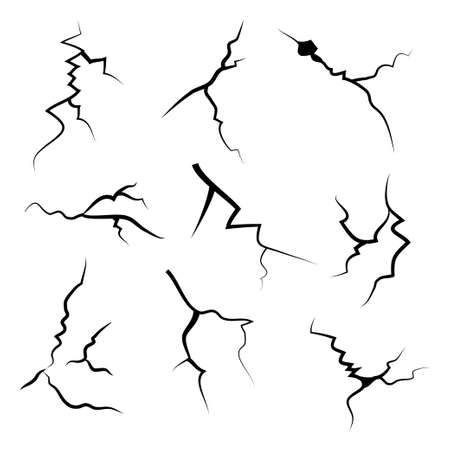 hand drawn cracked glass, wall, ground. lightning storm effect. doodle break set. vector illustrationのイラスト素材