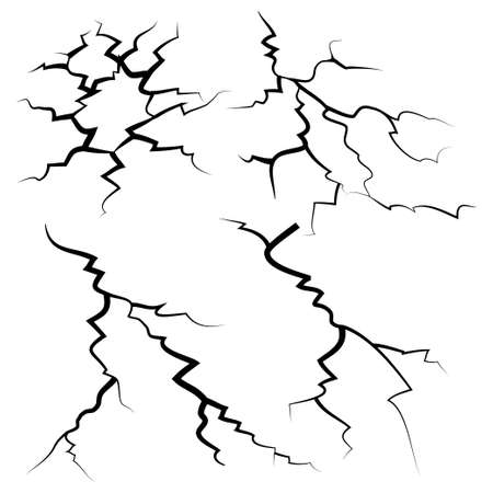 hand drawn cracked glass, wall, ground. lightning storm effect. doodle break set. vector illustrationのイラスト素材