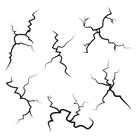 hand drawn cracked glass, wall, ground. lightning storm effect. doodle break set. vector illustrationのイラスト素材