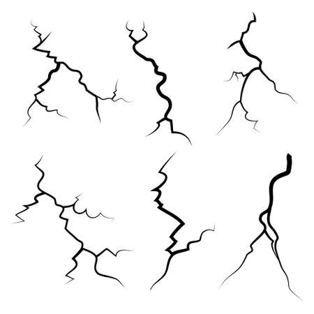hand drawn cracked glass, wall, ground. lightning storm effect. doodle break set. vector illustrationのイラスト素材