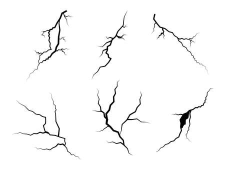 hand drawn cracked glass, wall, ground. lightning storm effect. doodle break set. vector illustrationのイラスト素材