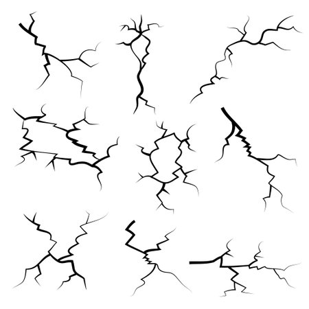 hand drawn cracked glass, wall, ground. lightning storm effect. doodle break set. vector illustrationのイラスト素材