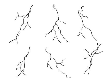 hand drawn cracked glass, wall, ground. lightning storm effect. doodle break set. vector illustrationのイラスト素材
